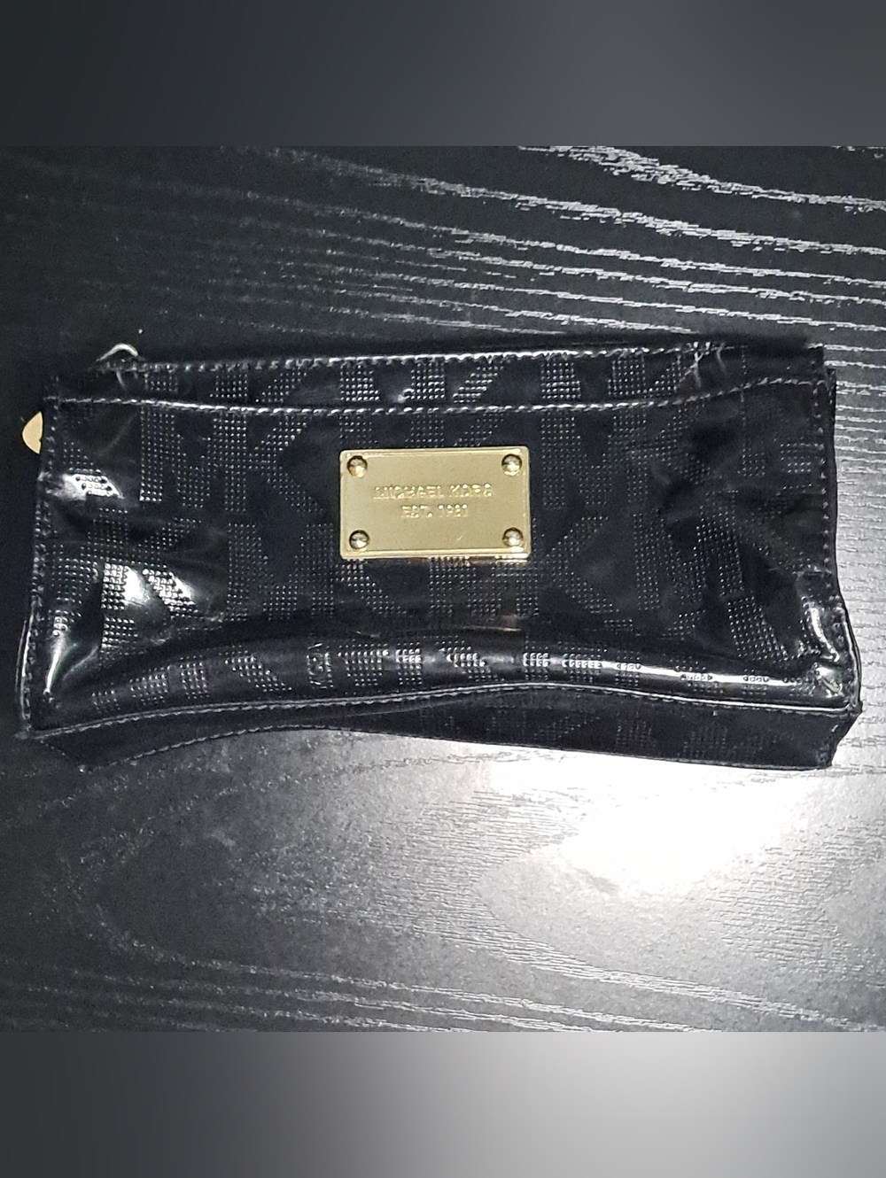 Michael Kors Black Patent Logo Wristlet with Gold Plate